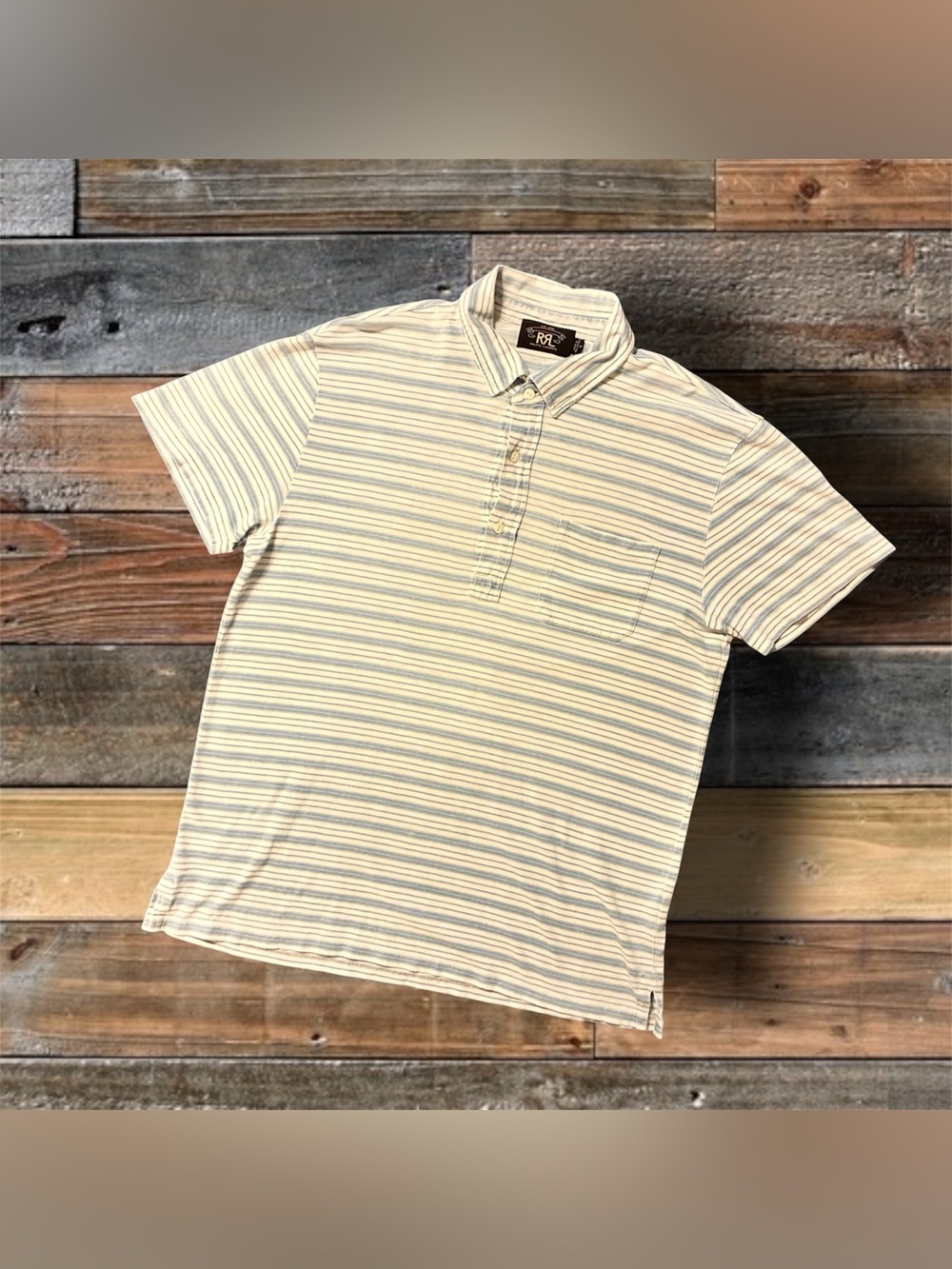DOUBLE RL RALPH LAUREN RRL INDIGO DYED STRIPE POLO SHIRT- MEN’S SIZE LARGE